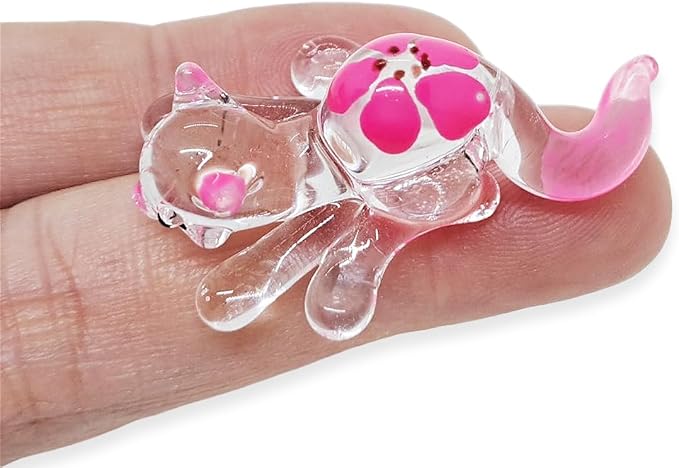 Tiny 1¾" Clear Pink Flowered Lying Prone Cat Figurine Miniature Hand Blown Glass Cats Kitten Feline Animals Cute Colorful Crystal Decorative Collectible Figurines Décor Gifts
