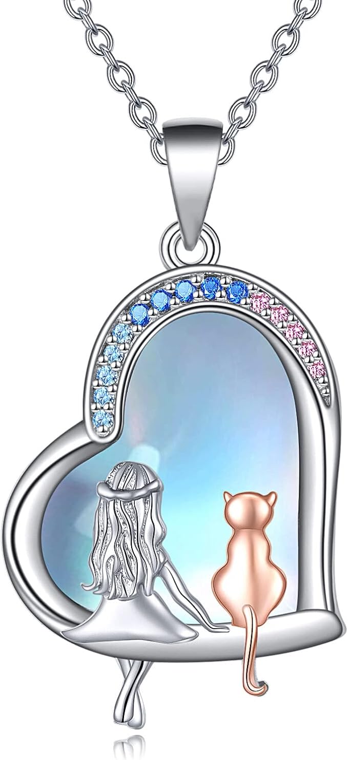 LUHE Cat Gifts Necklace for Cat lovers Women Sterling Silver Moonstone Cats Heart Pendant Necklace Jewelry Christmas Gifts