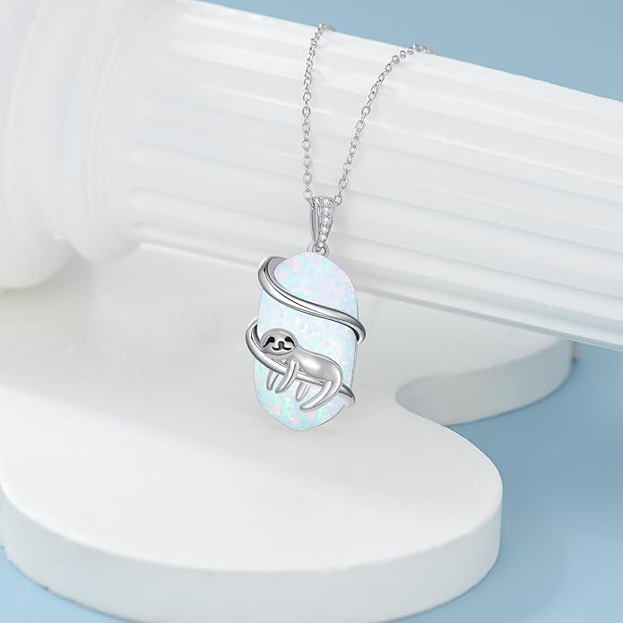 Opal Mama Bear/Panda/Cat/Koala/Sloth/Cardinal/Unicorn Necklace 925 Sterling Silver Opal Animal Pendant Jewelry Birthday Gifts Women Her Mom