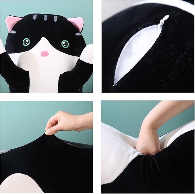 Cute Long Plush Cat Pillow,Soft Plushie Stuffed Animal Toy,Gift for Kids Girlfriend (Black, 35.4inch/90cm)