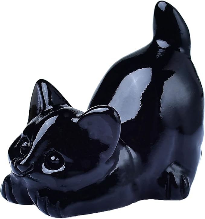 Obsidian Cat Crystal Statue Healing Crystal Reiki Meditation Pocket Gem Guardian Sculpture Home Study Table Desk Decor Collection Gift for Loved Ones