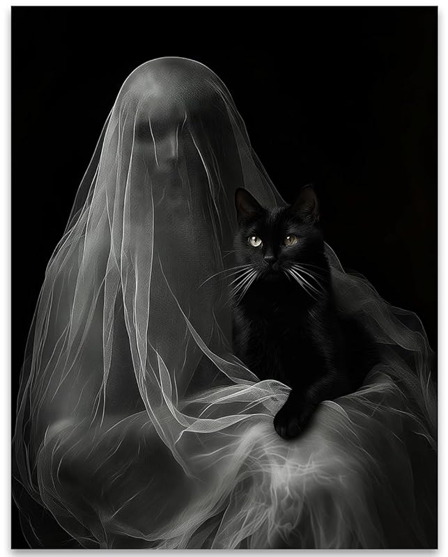 Ghost with a Black Cat Halloween Poster - Dark Academia Gothic Home Decor, Eerie Mystery Figure Art Print for Halloween Enthusiasts and Unique Wall Art Collectors (Unframed Print Poster, 11x14)