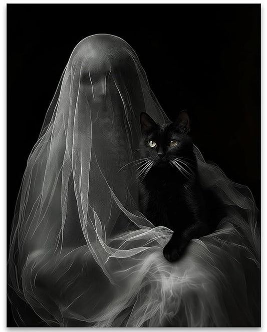 Ghost with a Black Cat Halloween Poster - Dark Academia Gothic Home Decor, Eerie Mystery Figure Art Print for Halloween Enthusiasts and Unique Wall Art Collectors (Unframed Print Poster, 11x14)