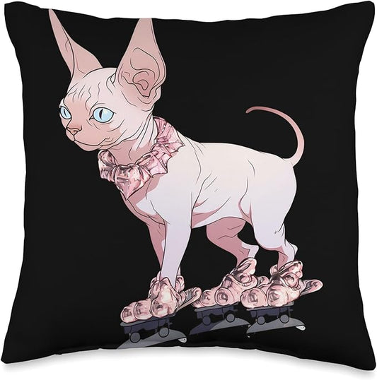 Sphynx Cat Figure Skater Ice Skates Kids Throw Pillow, 16x16, Multicolor