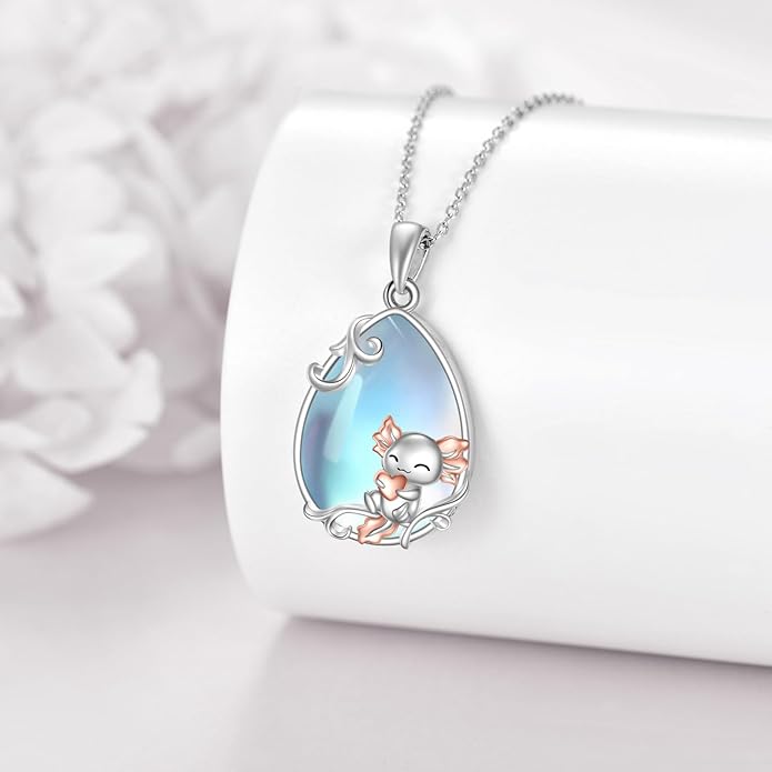 LUHE Moonstone Necklace 925 Sterling Silver Fox/Axolotl/Cat/Raccoon/Penguin/Frog/Panda/Highland Cow Pendant Necklace Animal Jewelry Gifts for Women