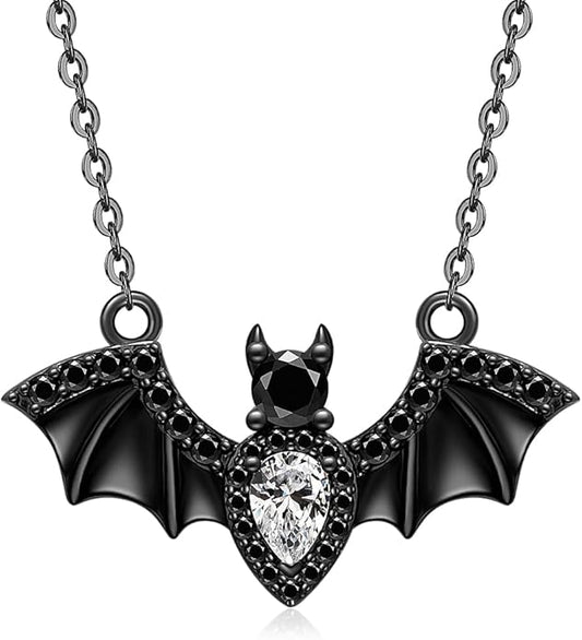 Halloween Bat Necklace for Women Sterling Silver Black Bat Pendant Necklace Gothic Flying Animal