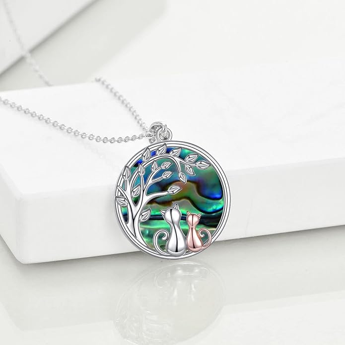 Celtic Moon Black Cat Necklace for Women - Abalone Tree of Life Sterling Silver Cat Lovers Jewelry