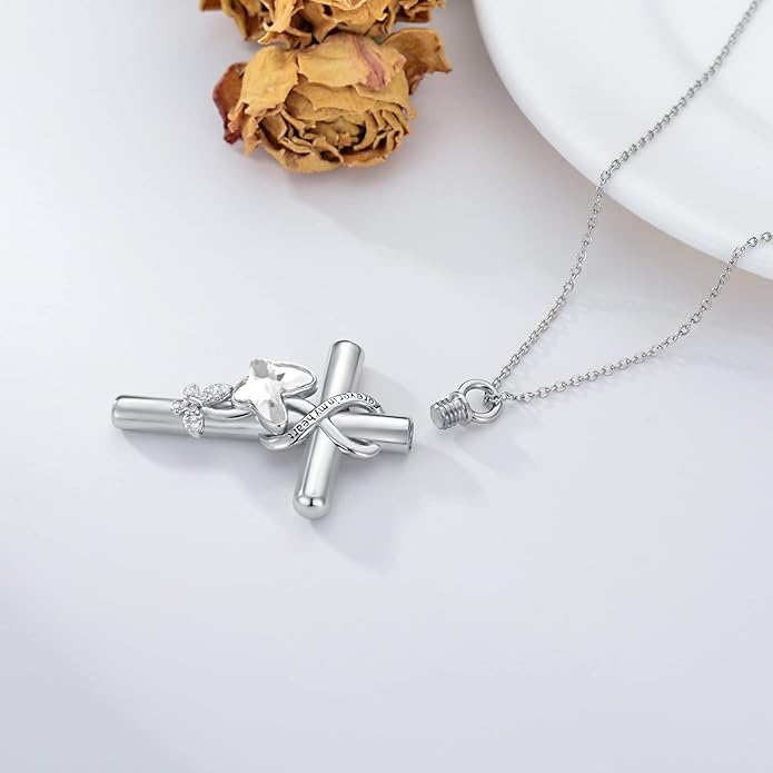 Cross Urn Necklace for Ashes 925 Sterling Silver Cremation Jewelry with Funnel Filler Kit Ashes Necklace for Human Women Girl Pets