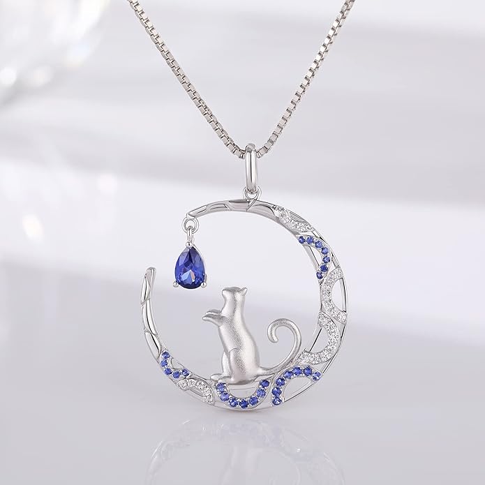 jiamiaoi 18K White Gold Plated Cat Necklace 925 Sterling Silver Diamond Cat Necklace Silver Cat On Moon Necklace for Women Gift for Birthday/Christmas, Come with Gift Box