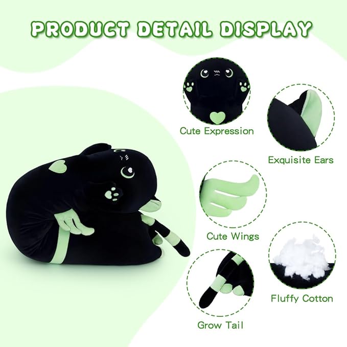 Long Cat Plush Body Pillow, Cute Cat Plush Toy Pillows with Wings, Stuffed Animals Kitten Soft Plushies Gifts for Kids Girls Girlfriend(AngelCat Green, 19.6in/50cm)
