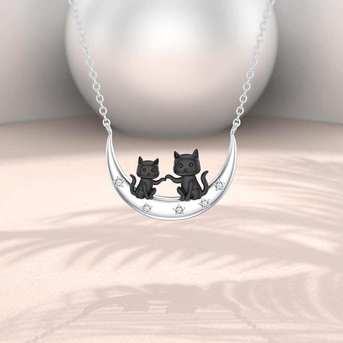 Diamond Black Cat Necklace for Women 925 Sterling Silver Cat on Moon Necklace Pendant Black Cat Jewelry Gifts for Women Mom Wife Girlfriend Daughter Girls