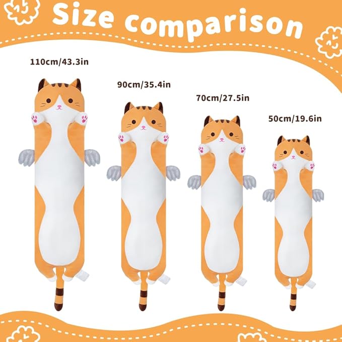 Soft Cat Plush Pillow, Yellow Long Cat Stuffed Animals Soft Long Kitten Plushies Kawaii Cat Stuffed Plush Toy for Kids Girlfriend(90cm/35.4inch)