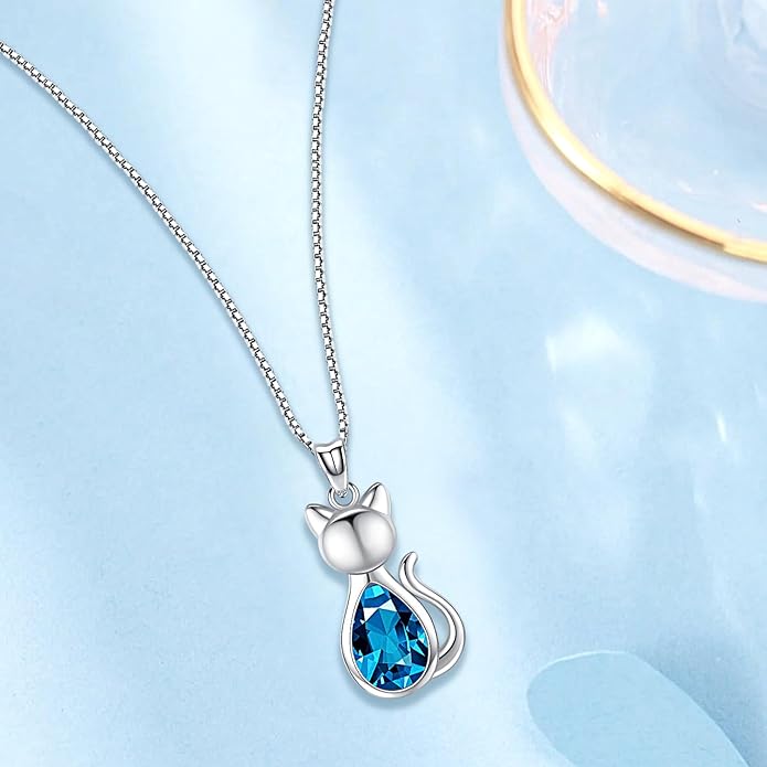 Odinstone Cat Birthstone Necklaces Jewelry Sterling Silver Cat Pendant Necklace Gift for Women Gifts, 18'' Silver Box Chain Women's Birthstone Crystal Cat Jewelry Gifts