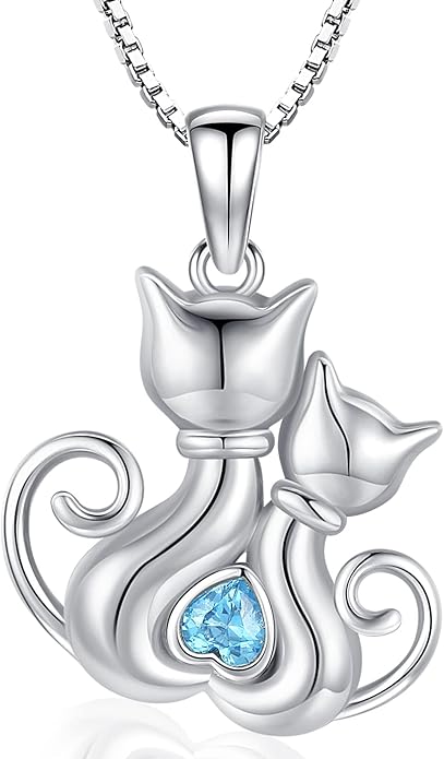 Odinstone Cat Necklace, S925 Sterling Silver Cat on Moon Pendant with Cubic Zirconia, Cat Jewelry Mothers Day Gifts for Mum with Gift Package - I Love You Forever