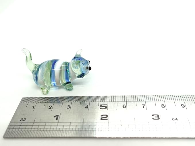 Cat Tiny Figurines Blown Glass Art Animals Hand Painted Collectible Gift Decorate (Green Stand)