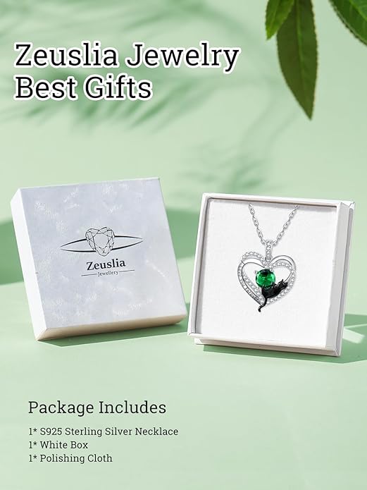 Birthstone Cat Necklaces,925 Sterling Silver Cat Necklace Heart Pendant for Women,Dainty Animal Jewelry for Her,Wedding Anniversary Birthday Gifts for Women Mom Grandma