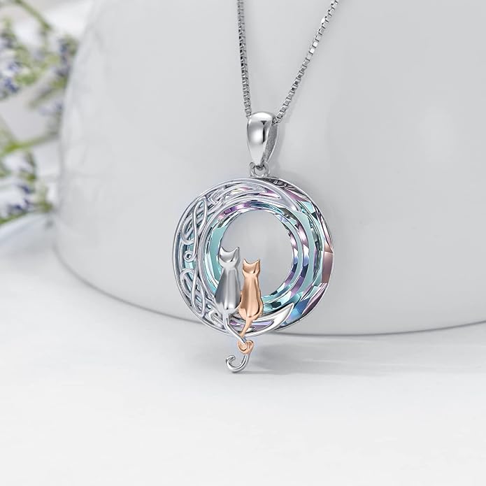 TOUPOP Cat Gifts for Cat Lovers 1 2 3 Cats Necklace Sterling Silver Cat on the Moon Pendant Necklace with Blue Circle Crystal Birthday Christmas Celtic Jewelry Gifts for Women