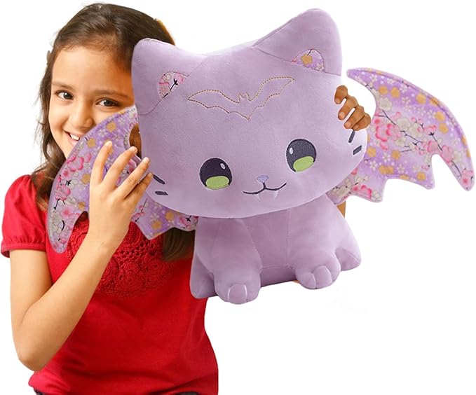 ELAINREN Crazy Cat Plush Kitten Toy with Bat Wings, Cute Kitty Stuffed Animal Floral Cat Plushie Soft Hugging Pillow Decor Furry Purple Bat Cat Dolls Gifts for Xmas,11.8''(Pink/Purple)