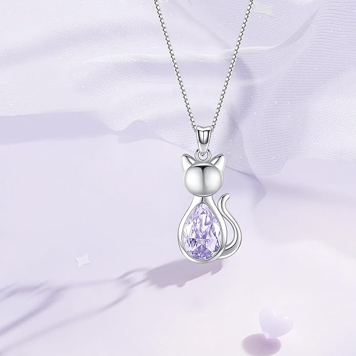 Odinstone Cat Birthstone Necklaces Jewelry Sterling Silver Cat Pendant Necklace Gift for Women Gifts, 18'' Silver Box Chain Women's Birthstone Crystal Cat Jewelry Gifts