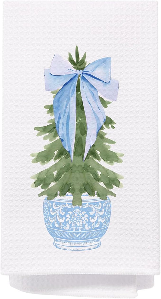 SPBL&L Chinoiserie Christmas Kitchen Towels, Light Blue Porcelain Chinoiserie Christmas Tree Hand Towels, 16x24 Inch