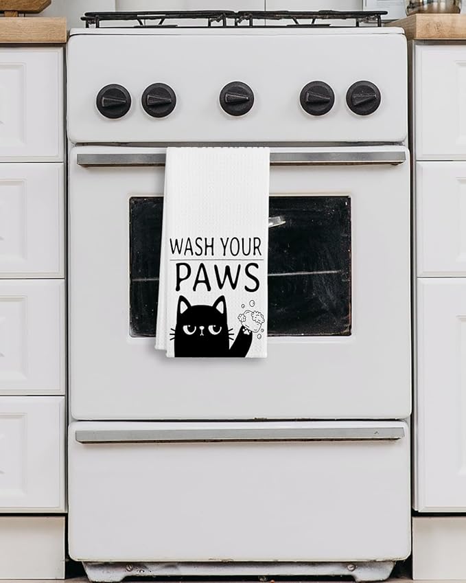 QIYUHOY Black Cat Kitchen Towels and Dishcloths,Wash Your Paws,Cat Theme Dish Towels Gifts for Cat Lovers,Hand Towels for Kitchen,24x16 Inch (White)