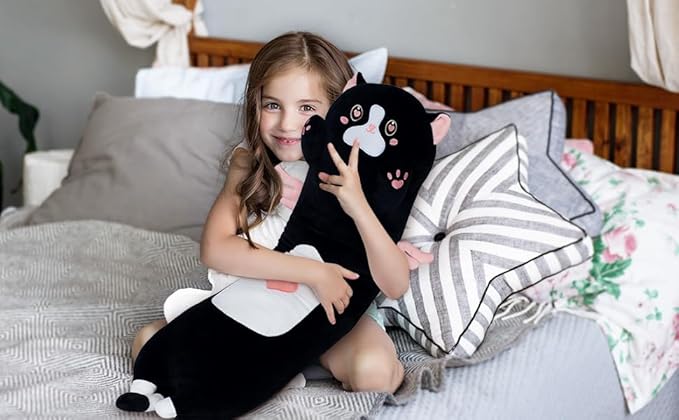 Long Cat Plush Body Pillow, Cute Cat Plush Toy Pillows with Wings, Stuffed Animals Kitten Soft Plushies Gifts for Kids Girls Girlfriend(AngelCat Pink, 35.4in/90cm)