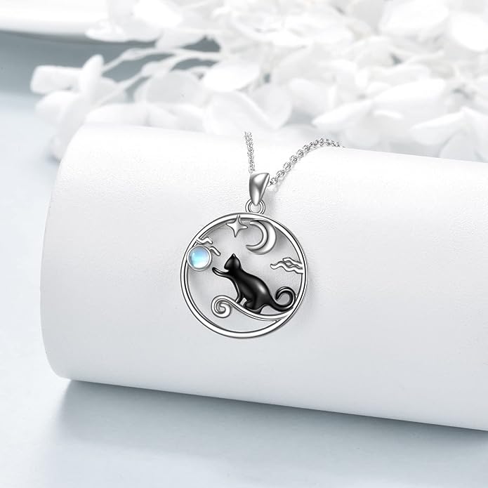 CRMAD Black Cat Necklace for Women Sterling Silver Moonstone Cat Jewelry Irish Gifts