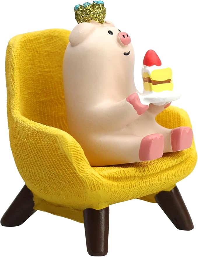 Cute Mini Pig Eating Cake Resin Figurine Apply to for Office, Home Decoration Perfect for Pig Lovers - Yellow Sofa