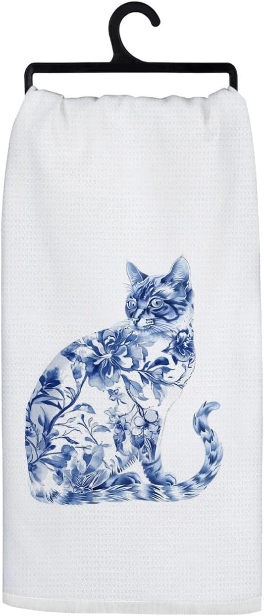 Chinoiserie Cat Kitchen Towels, Blue and White Grandmillennial Floral Cat Decorative Hand Towels for Bathroom, Cats Lover Mom Lady Gifts Dish Tea Towels for Kitchen, 16x24 Inch