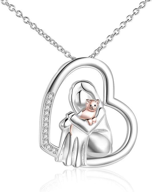 POPKIMI Cat Lover Pendant Necklace Dog Lover Necklace 925 Sterling Silver Crystal Cat Memorial Gifts for Women Animal Heart Jewelry Birthday Gifts