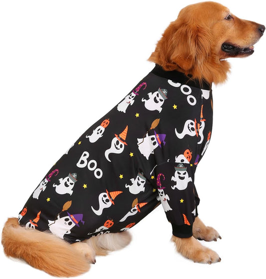 HDE Dog Pajamas One Piece Jammies Jumpsuit Pet Clothes Outfit Stretchy Lightweight Comfy Shirt Pjs for M-3XL Dogs Cute Ghosts - 2XL