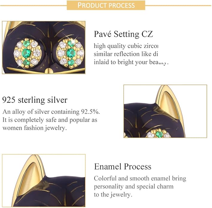 FOREVER QUEEN Black Cat Charm in 925 Sterling Silver with Black Enamel& 5A Zircon for Pandora Bracelet Necklace, Animal Head Bead Charm- Your Lucky Cat Women Men Girls Boys Gifts