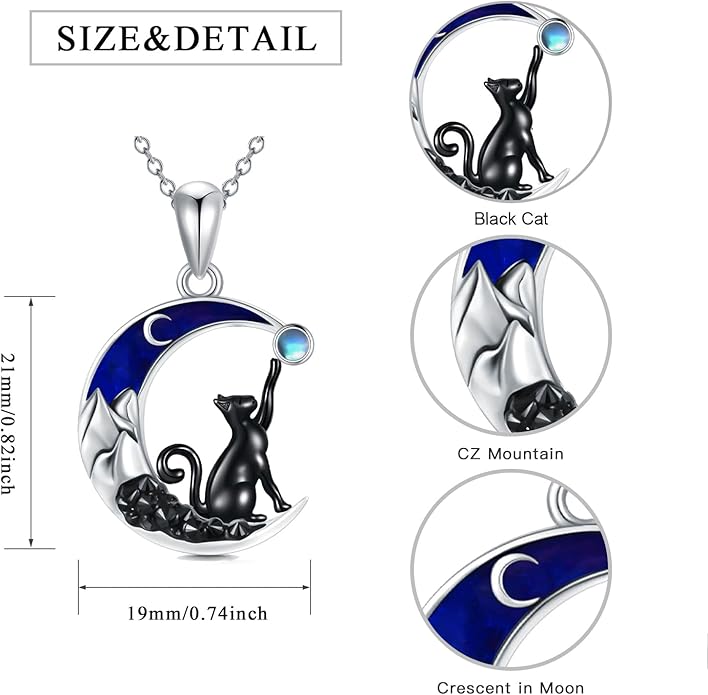 Gothic Jewelry Bat/Cat/Wolf/Dragon/Owl/Fox/Spider/Sun Pendant Sterling Silver Crescent Moon Necklace for Women Girls Black Jewelry Gifts