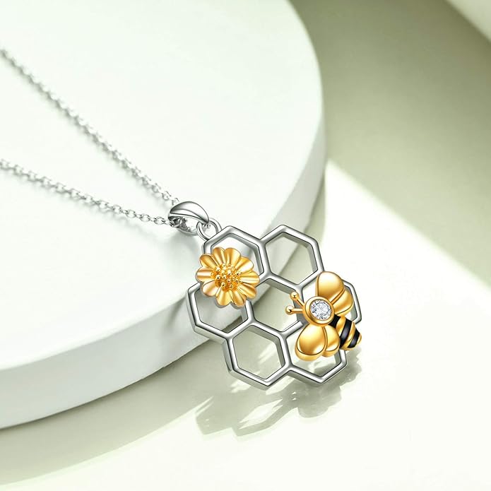 LUHE Bee Necklace 925 Sterling Silver Honeycomb Cute Flower Pendant Necklaces for Women Gifts for Her Women