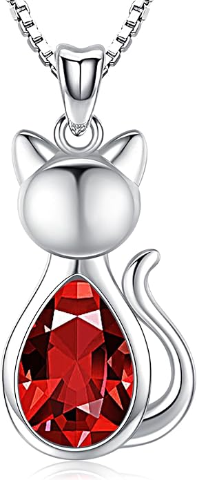 Odinstone Cat Birthstone Necklaces Jewelry Sterling Silver Cat Pendant Necklace Gift for Women Gifts, 18'' Silver Box Chain Women's Birthstone Crystal Cat Jewelry Gifts
