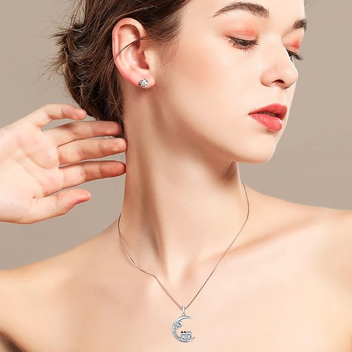 925 Sterling Silver Pig/Koala/Frog/Cat Horse Necklace I Love You to the Moon and Back Cute Animal Love Heart Moon Pendant Necklaces Jewelry Birthday Gifts for Women Best Friends