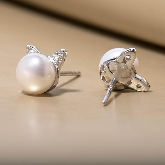 S.Leaf Cat Earrings Pearl Earrings Sterling Silver Earrings for Women Cat Memorial Gifts Cat Gifts for Cat Lovers Cat Jewelry for Women