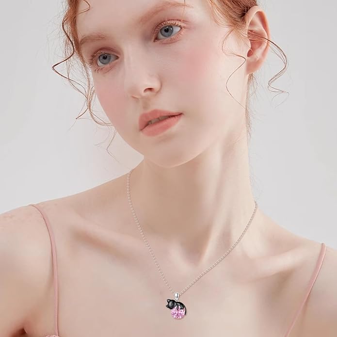 Cat Necklace Sterling Silver Cat Pendnat with Rose Quartz Pearl Jewelry Gifts for Women Cat Lovers