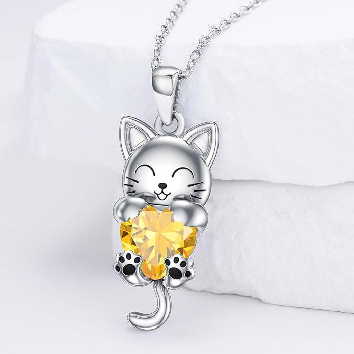 LONAGO Cat Necklace with Heart Birthstone Cat Pendant Necklace Sterling Silver Gifts for Women