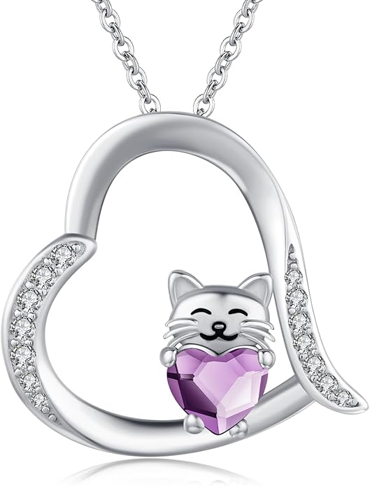 JUSTKIDSTOY Sterling Silver Cute Animal Pendant Necklace with Crystal Cat Pendant - Women's Cat Lovers Jewelry Gift