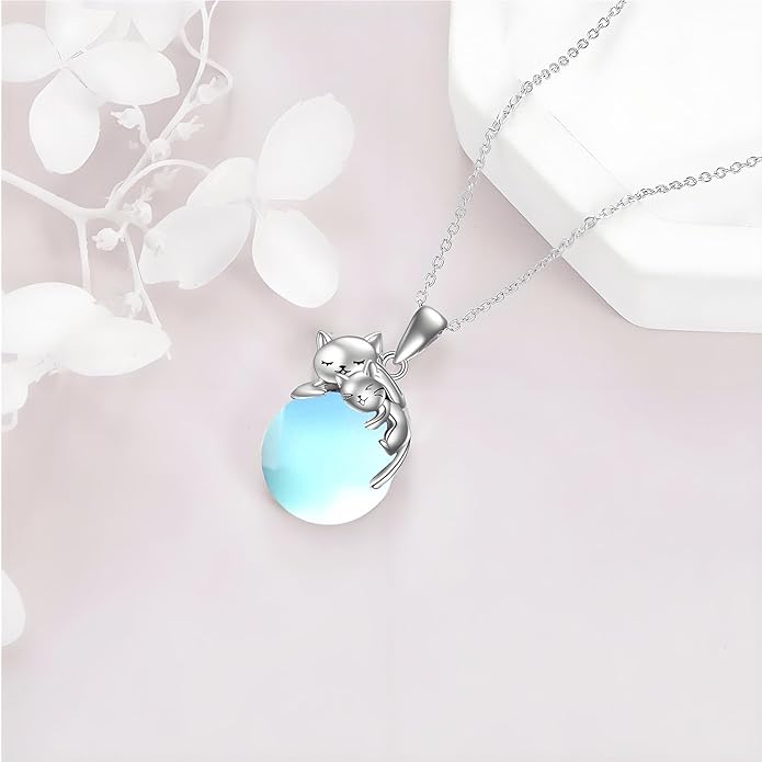 Cat Necklace Sterling Silver Cat Pendnat with Rose Quartz Pearl Jewelry Gifts for Women Cat Lovers