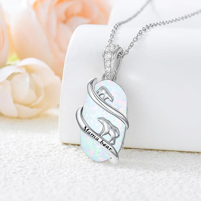 Opal Mama Bear/Panda/Cat/Koala/Sloth/Cardinal/Unicorn Necklace 925 Sterling Silver Opal Animal Pendant Jewelry Birthday Gifts Women Her Mom