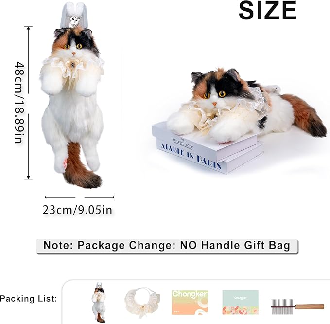 Chongker Stuffed Animals Backpack - Lifelike Stuffed Cat Plush Backpack, Handmade Cute Cat Shaped Bag, Large Dark Calico