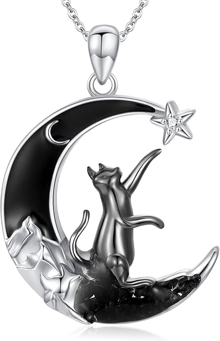 Sterling Silver Blue Topaz/Diamond Cat Pendant Necklace - Jewelry Gifts for Cat Lovers (18"+2")