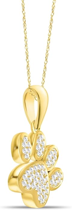 Diamond2Deal 10K Solid Gold Diamond Dog Paw Print Pendant Rope Chain Necklace 18inch (1/8Ct/ I2,H-I)