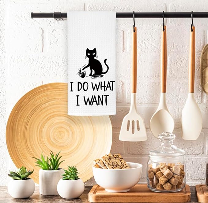 EXUQO Cat Kitchen Towels - Black & White Funny & Decorative Cat Dish & Hand Towels - Cute Tea Towels - Housewarming Gift
