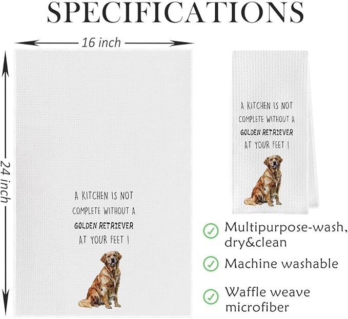 Golden Retriever Dish Towels Set - Waffle Weave Kitchen Hand Tea Towels for Bathroom, Decorative Gifts (1624 Inches, Set of 2)