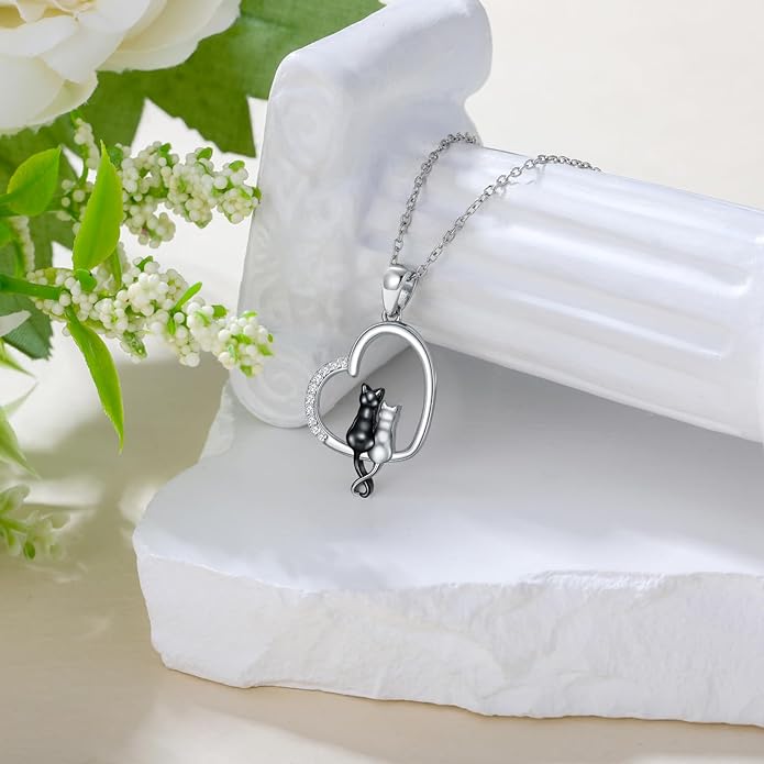 Diamond Black Cat Necklace for Women 925 Sterling Silver Cat on Moon Necklace Pendant Black Cat Jewelry Gifts for Women Mom Wife Girlfriend Daughter Girls