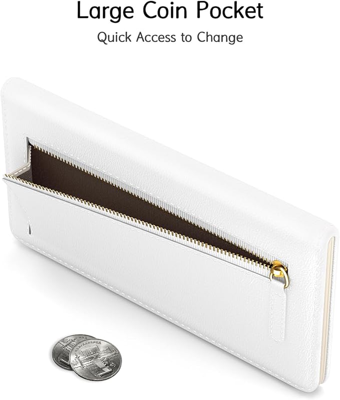 Nipichsha Womens Wallet, RFID Slim Wallets for Women, Thin Ladies Credit Card Holder Purse, Cute Leather Bifold Clutch Billfold with 11 Card Slots & ID Window, White