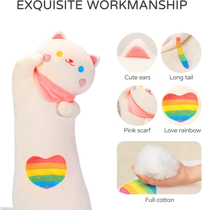 Rainbow Long Cat Plush Pillow, 25" Cute Kitten Stuffed Animal, Kawaii Cuddle Body Pillow Gift for Girlfriend Women Girls, Soft Hugging Plush Toy for Bed, Sofa or Room Decor